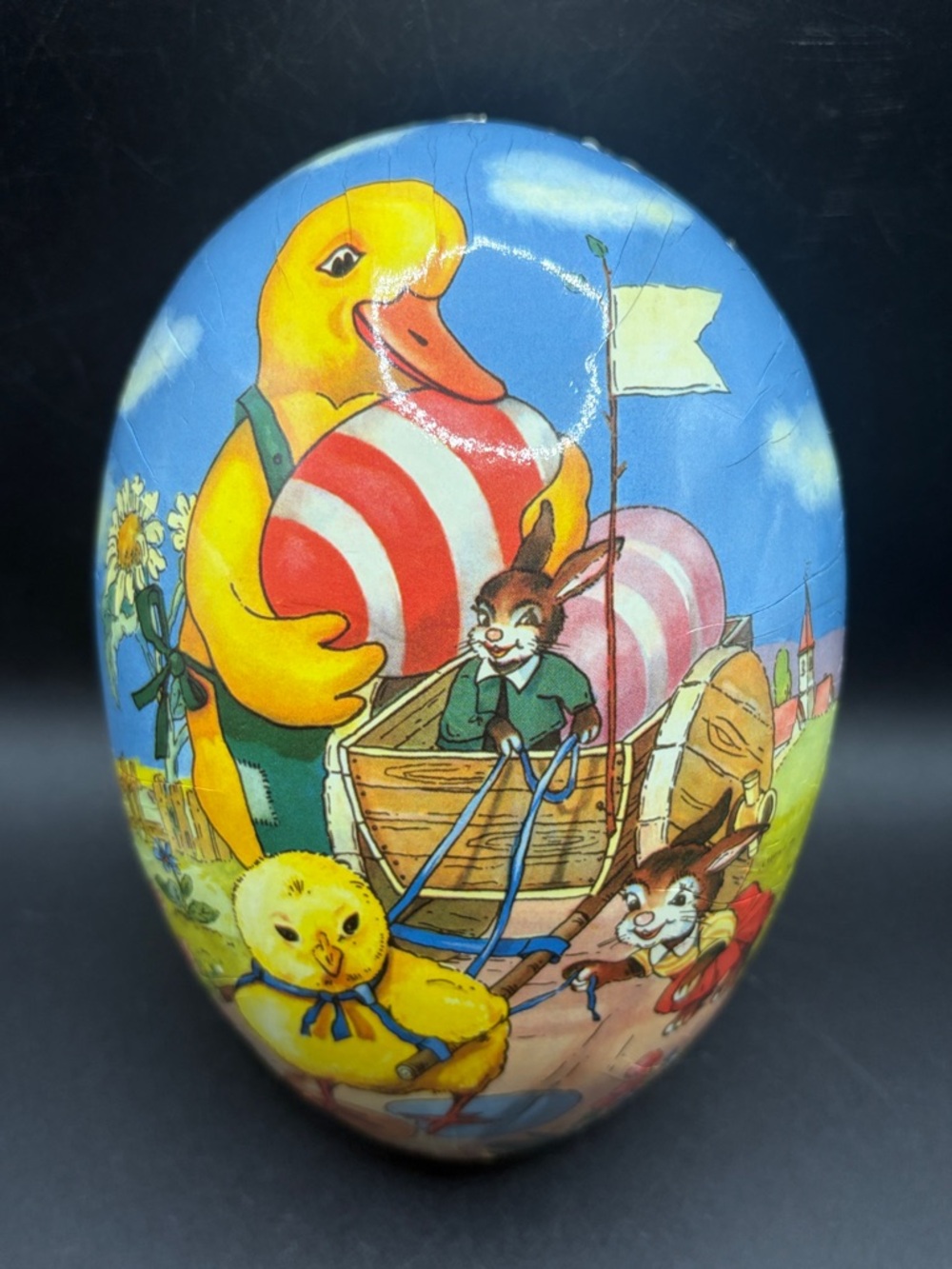 Nestler Germany Vintage Paper Mache Chick Duck Hare Wagon Lithograph Easter Egg
